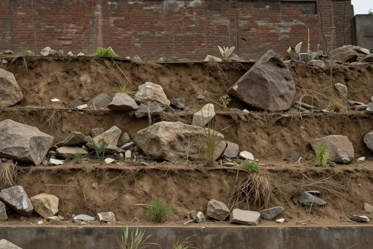Le talus avant travaux : terre nue ravinée, cailloux et herbes sèches