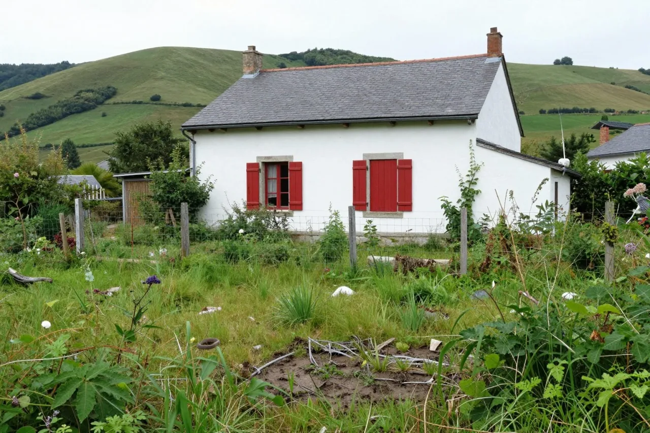Le jardin avant travaux : herbes hautes, ronces et vieux grillage devant une maison basque aux volets rouges