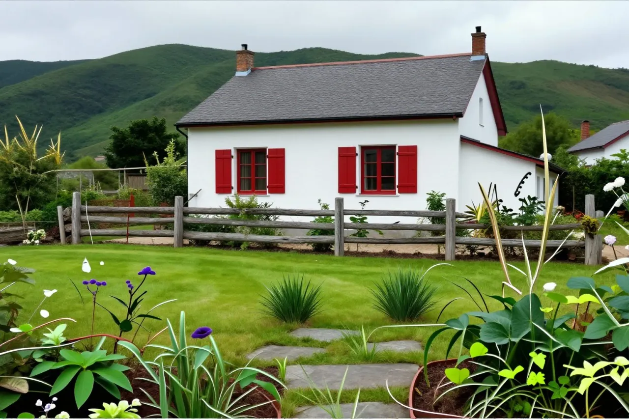 Le même jardin aménagé : pelouse tondue, pas japonais, massifs fleuris et clôture en châtaignier